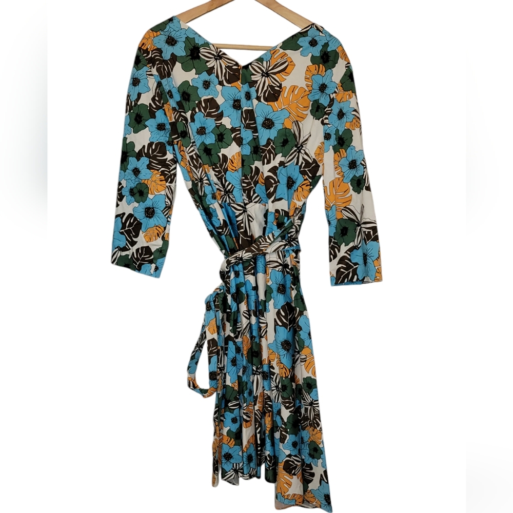 Escada Sport Floral Monstera Print Belted A Line Dress Size 44 US 14 Blue/Orange - Picture 4 of 7